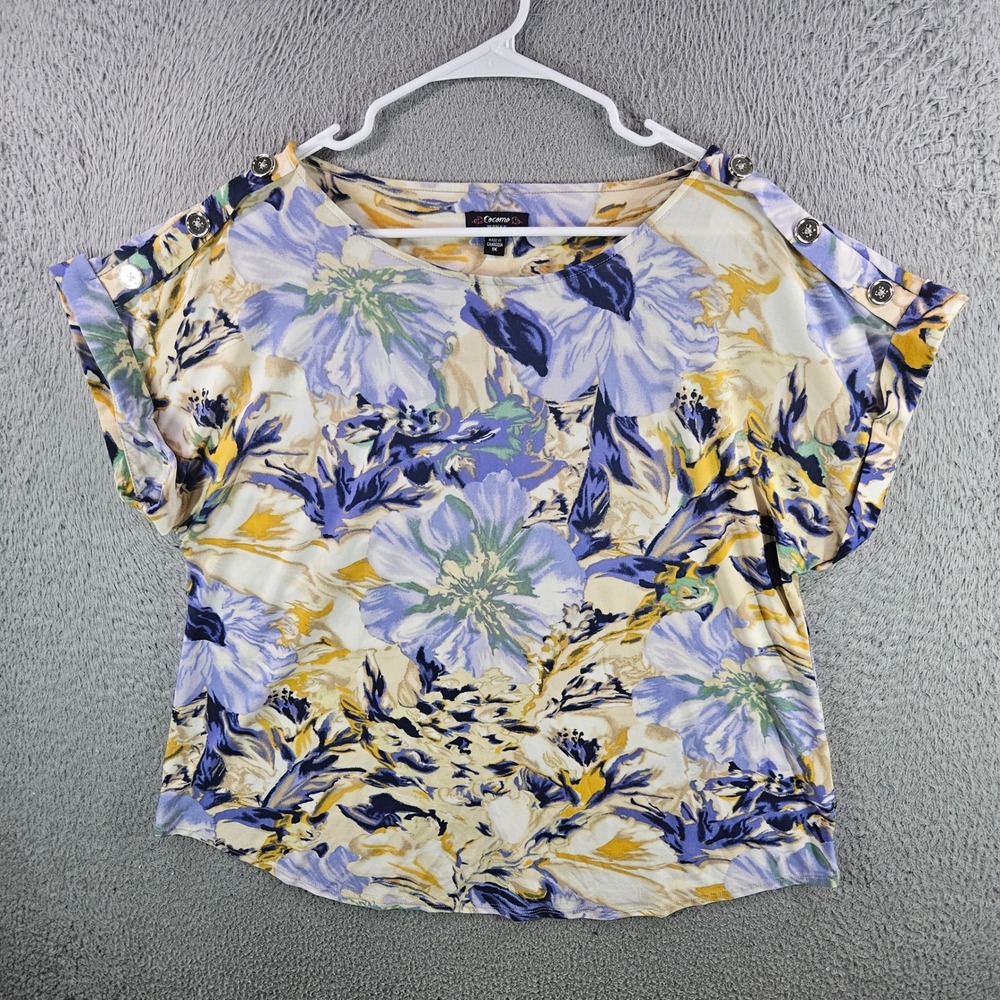 Cocomo Woman Floral Boat Neck Blouse Purple Blue Yellow Button Shoulder 1X